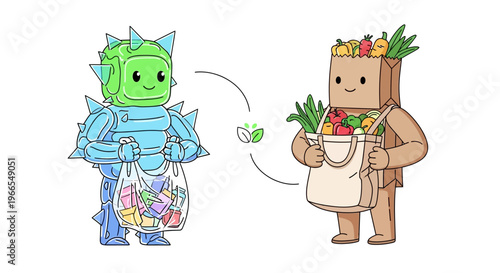Robotic friend exchanges goods with grocery bag character, symbolizing trade and sustainable shopping with fresh produce