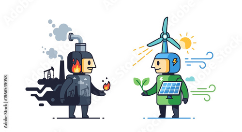 Clean Energy vs. Fossil Fuels Cartoon illustration highlighting environmental impact and the benefits of sustainable renewable power for a greener future