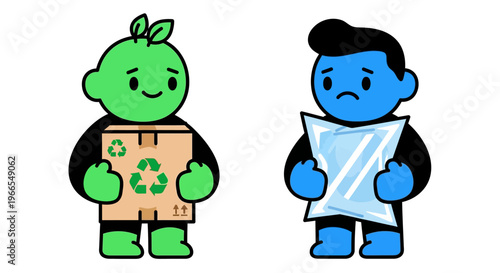 Green character holding a cardboard box with recycling symbol versus sad blue character holding plastic bag