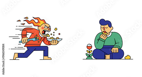 Contrasting Eating Styles An illustration depicting a rushed, fiery individual consuming spicy food versus a calm, mindful eater
