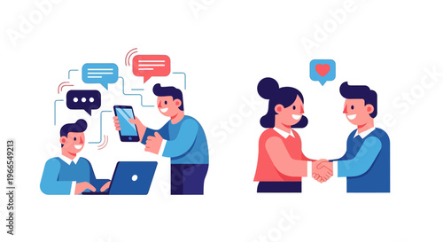 Dynamic Digital Communication and Essential Human Connection Illustrations for Online Messaging, Social Interaction, and Business Partnership
