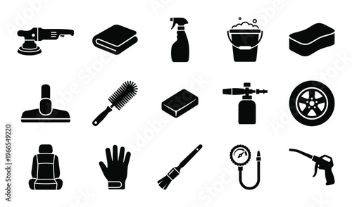 Car detailing tools icon set featuring polishing machine sponge brush bucket and cleaning equipment