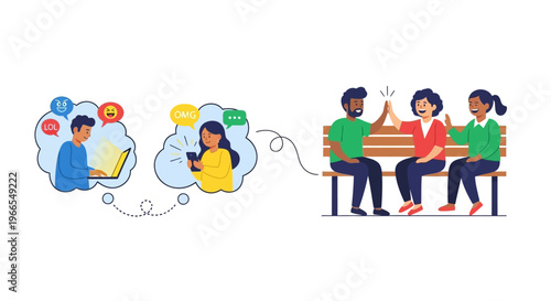 Connecting digitally and enjoying a real-life social gathering with friends in a park