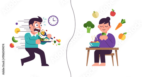 Illustrating the stark contrast between frantic, unhealthy eating habits and mindful, nutritious food choices for well-being
