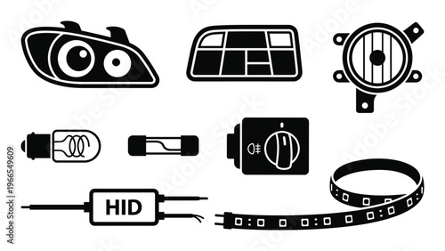 Car light equipment vector icon set on transparent background illustration, automotive collection