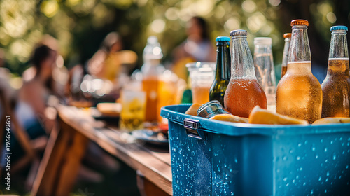 Bottled drinks in cooler at outdoor party gathering