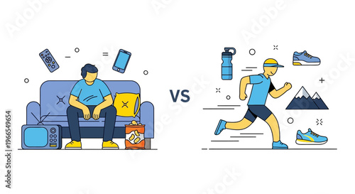 Lifestyle Choice Sedentary vs. Active Living, illustrating the contrast between unhealthy habits and a healthy fitness routine