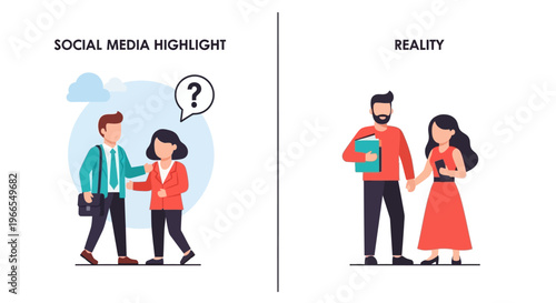Social Media Highlight vs Reality Contrast Illustration Showing Differences in Perceived and Actual Relationships