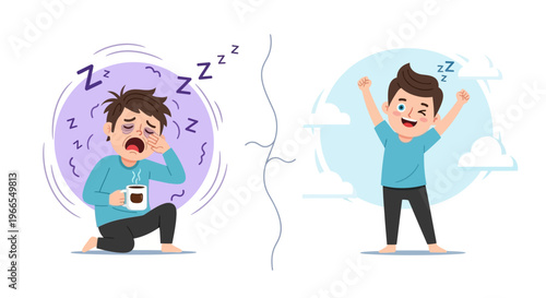 Man yawning and sleepy with coffee versus man waking up refreshed and energized