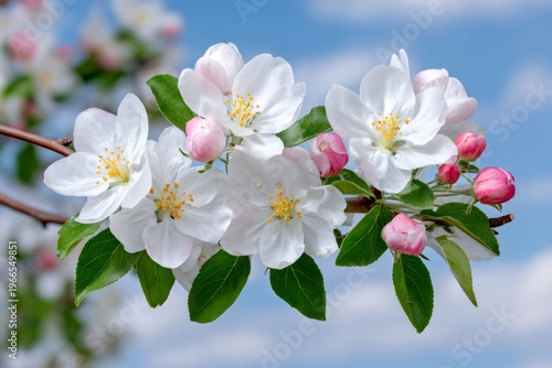 Apple tree branch blooming white flowers on spring day