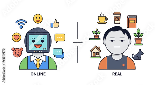 Exploring the Modern Human Dichotomy An Illustration Contrasting Online Digital Existence with Authentic Real-World Lifestyles