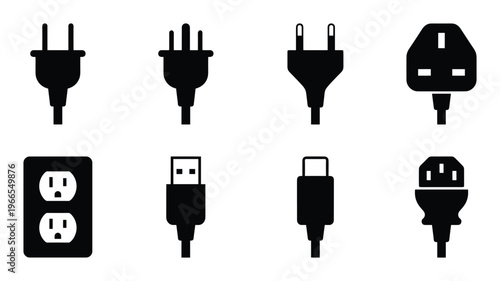 Collection of electrical plugs and sockets isolated on transparent background vector illustration