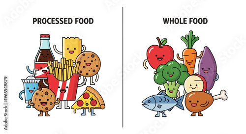 Visual Guide to Dietary Choices Contrasting Processed Food with Healthy Whole Food Options for a Balanced Lifestyle