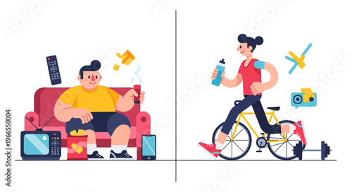 A visual representation highlighting the clear distinction between a sedentary, unhealthy daily routine and an active, health-focused, well-balanced lifestyle for better living