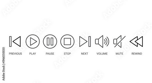 A collection of media playback control icons including previous, play, pause, stop, next, volume, mute, and rewind.