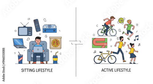 Contrast of a sedentary sitting lifestyle versus a healthy active lifestyle, emphasizing health and wellness benefits
