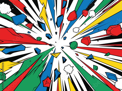 Pop art style explosion with colored streaks and flying geometric debris