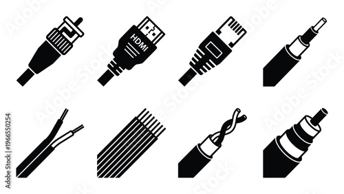 Data cable connector set including hdmi ethernet and coaxial wire icons for network communications