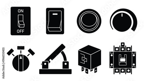 Electric switches and circuit breakers icons set for power control systems and industrial equipment