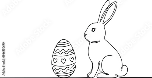 easter bunny line art, rabbit with decorated egg illustration, spring holiday design, festive symbol drawing, cute animal outline, cad drawing flat vector illustration