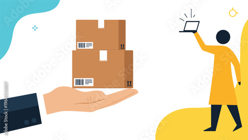 Logistics and e-commerce concept featuring a hand holding delivery boxes and a person managing orders on a laptop computer.