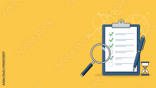 Business audit and review concept with a checklist on a clipboard, magnifying glass, pen, and hourglass timer for assessment.