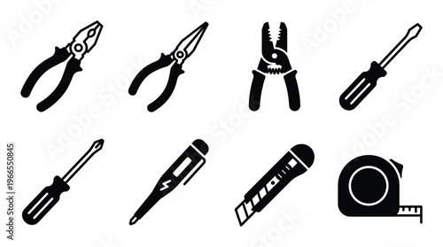 Electrician hand tool set with pliers screwdrivers wire stripper and tape measure vector silhouettes