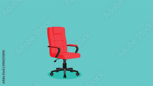 Modern red ergonomic office swivel chair isolated on a vibrant teal background for workplace and furniture concepts.
