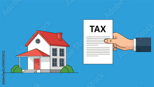 Hand holding a paper document with tax text next to a modern two story residential house on a blue background.