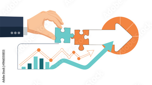 Strategic business planning concept showing a hand placing a puzzle piece into a rising arrow above a growth chart.
