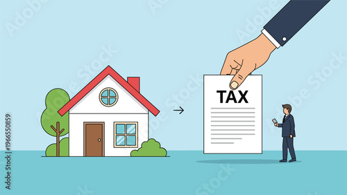Real estate tax concept featuring a giant hand presenting a tax form to a businessman standing by a family home.