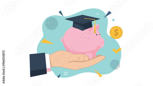 Saving for education concept featuring a hand holding a pink piggy bank wearing a black graduation cap for future success.