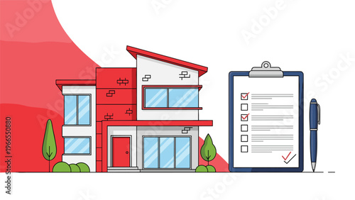 Home inspection and real estate appraisal concept with a modern house next to a completed clipboard checklist and pen.