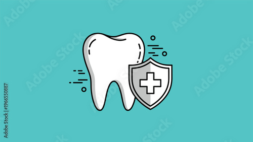 Dental care and protection concept featuring a clean white tooth icon with a medical cross shield on a teal background.