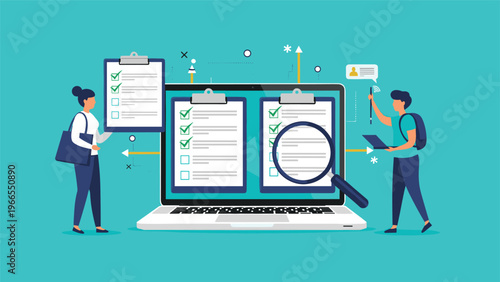 Collaboration and digital task management showing people using a large laptop screen to review multiple clipboard checklists.