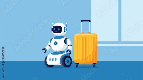 Futuristic travel and automation concept showing a smart AI robot standing next to a yellow rolling suitcase in an airport.