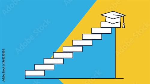 Educational career path concept showing a flight of stairs leading up to a graduation cap on a two tone background.