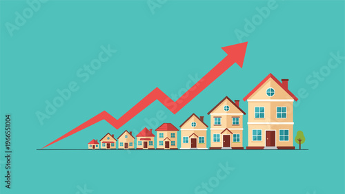 Row of various residential houses increasing in size under a rising red arrow depicting real estate market growth and wealth.