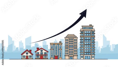 Urban development progression showing small houses to tall skyscrapers under a rising black arrow representing city growth.