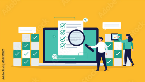 Electronic audit and data verification process displayed on a laptop screen with checklists and professionals reviewing tasks.