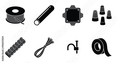 Electrician supplies and wiring equipment icons set including cable reel terminal block and tape