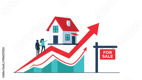 Family walking up a rising red arrow graph leading towards a residential house symbolizing social mobility and home ownership.