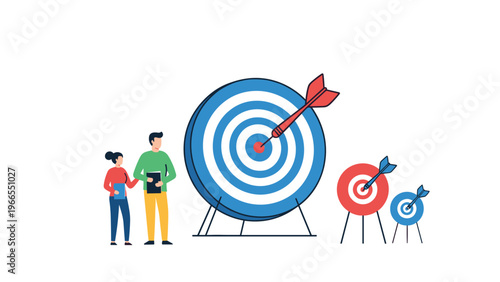 Team of professionals standing next to a large blue target with a red dart hit in the center representing goal achievement.