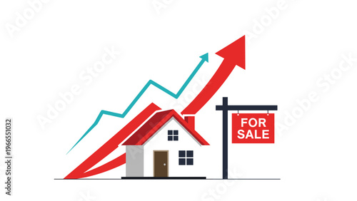 Residential property with a for sale sign and rising blue and red arrows indicating an increase in housing market demand.