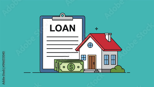 Loan application concept showing a residential house with stacks of dollar bills and a legal clipboard on a green background.