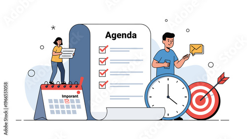 Business professionals working on a large agenda list with a calendar, wall clock, and target for meeting organization.