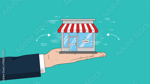 Entrepreneur hand holding a small retail store with motion arrows symbolizing business agility and local commerce growth.