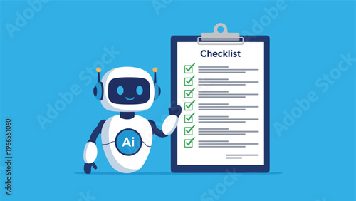 Artificial intelligence robot pointing at a large checklist clipboard with green checkmarks for automated task completion.