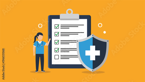 Healthcare professional standing by a medical checklist and protection shield symbolizing patient record security.