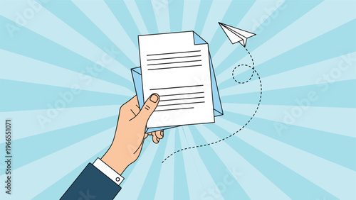 Hand holding an open envelope with a document while a paper plane flies against a bright blue sunburst background.